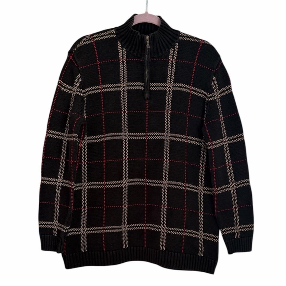 Lauren Ralph Lauren Sweater Men’s L Black Plaid Quarter Zip 100% Cotton Classic